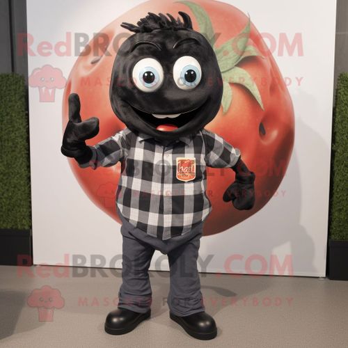 Personnage De Costume De Mascotte Redbrokoly De Tomate Noire Habillé D'une Chemise En Flanelle Et De Cravates
