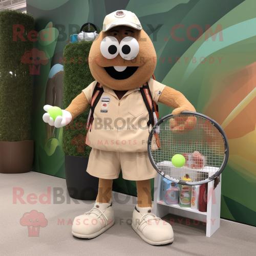 Personnage De Costume De Mascotte Redbrokoly De Raquette De Tennis Beige Vêtu D'un Short Cargo Et De Montres Numériques