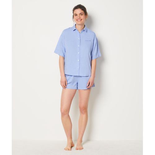 Chemise De Pyjama Manches Courtes Brodée En Lin - Bodes - L - Bleu Ciel - Femme - Etam