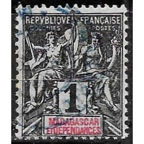 Madagascar, Colonie Française 1896 / 99, Beau Timbre Yvert 28, Type Sage "Colonies", 1c. Noir Sur Azuré, Oblitéré, Tbe.