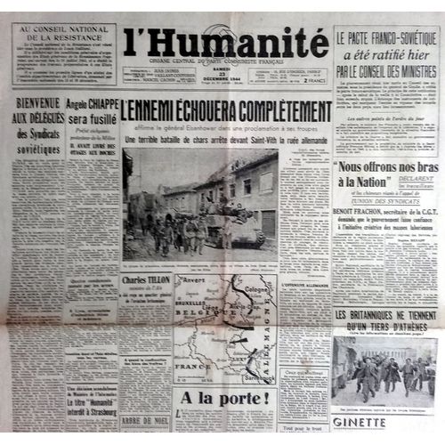 39-45 : Vieux Journal Authentique Et Complet "L'humanité" Du 23 Décembre 1944