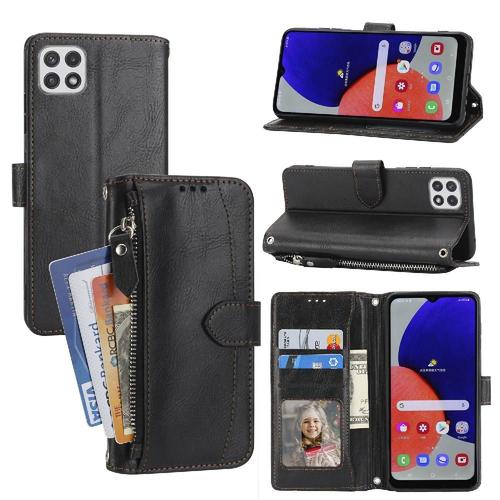 Flip Étui Pour Samsung Galaxy A22 5g/ F42 5g Titulaire De La Carte Fermeture Magnétique Béquette Sangle Cuir Pu - Noir