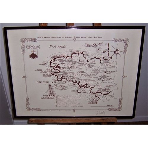 Carte De Bretagne Des Principaux Saints Bretons Suivant Les Régions, Signée, Imprimée À La Main En Sérigraphie, Années 60