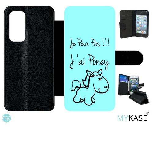 Etui À Rabat Huawei P40 - Citation Poney Turquoise - Simili-Cuir - Noir