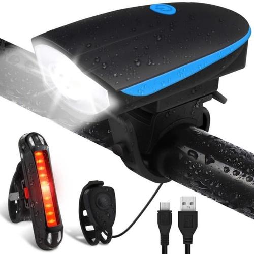 Eclairage Vélo, Set Lumière Vélo Led Puissante Usb Rechargeable Etanche, Lampe Vélo Avant Avec Sonnette 120db+Lampe Vélo Arrière