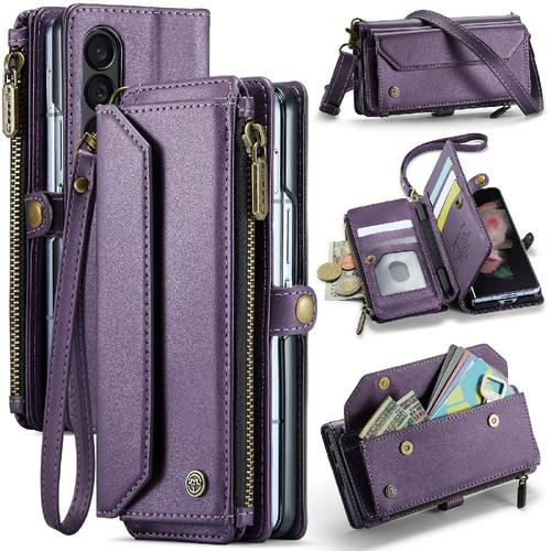 Crossbody Étui Pour Samsung Galaxy Z Fold 3 5g Étui Portefeuille Fente Pour Les Factures À Fermeture Éclair Blocage Rfid Portefeuille Étui Pour Femmes Titulaire De La Carte - Violet