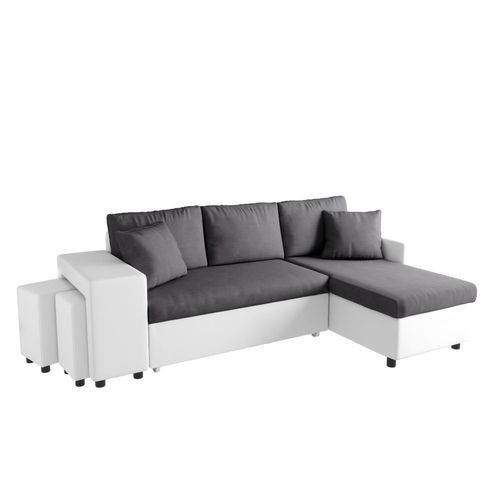 Canapé D'angle Oslo Convertible Avec Coffre Et Poufs En Microfibre Et Simili - Blanc / Gris, Position Du Rangement Poufs - Gauche