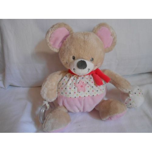 Doudou Grelot Souris Ours Hochet Rose Étoile Anneau Balle Echarpe Rouge Siplec Leclerc Assis 23cm