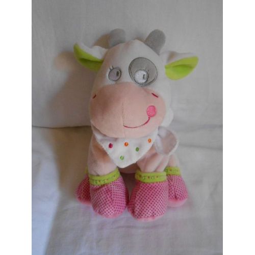Doudou Peluche Vache Rose Et Blanche Mots D'enfants Assis 24cm Bandana Foulard Blanc Pois Vert Orange Bleu Siplec Leclerc