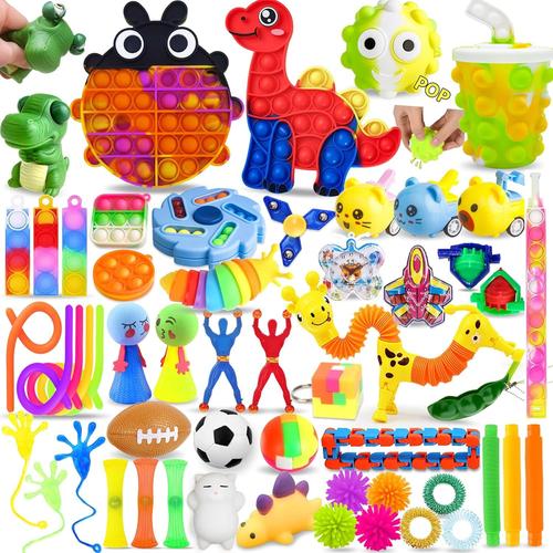 55 Pcs Fidget Toys,Dinosaures Pack Fidget Pas Cher,Jouet Anti-Stress Avec Anneau Magique Arc-En-Ciel Stab Bubble Pour La Fête