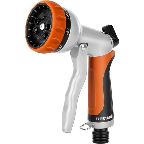 Pistolet d'arrosage de Jardin, Métal Pulvérisateur de Tuyau, 7 Modèles Pistolet avec Débit d'eau Réglable pour Lavage de Voiture & Cour, Arroser Plantes & Pelouse- Orange