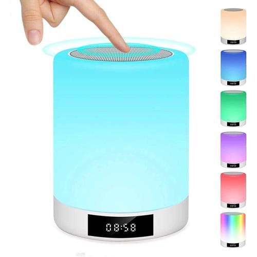 Lampe de Chevet Tactile Rechargeable Portable, Lampe de Table Enceinte Bluetooth Musique, FM Radio Réveil Lumière LED Multicolor Mains Libres, Idée Cadeau Fille, Ado, Mère, Anniversaire