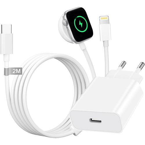 2 en 1 Câble Compatible avec Chargeur Apple Watch, 20W Chargeur iPhone Rapide et Cable Apple Watch USB C 2M Chargeur iWatch pour Apple Watch Series 9 8 7 6 5 4 3 2 SE Ultra,iPhone 14 13 12 11 Pro Max