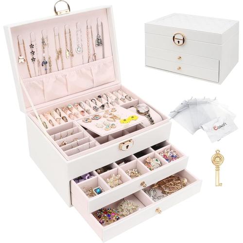 Boîte à bijoux, Organisateur de bijoux avec 2 tiroirs, Boîte de rangement de bijoux en cuir à 3 couches avec serrure, Coffret à Bijoux pour collier, d'oreille, bracelet, Blanc