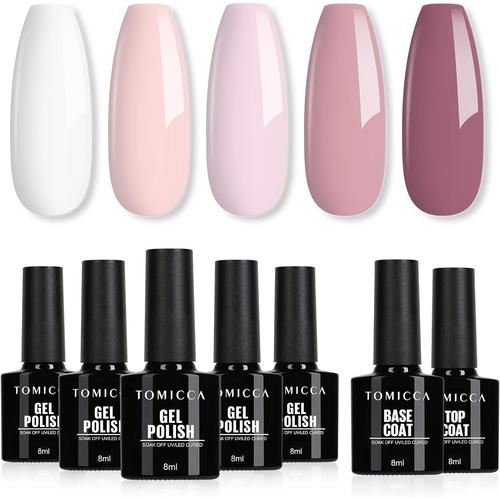 Vernis Semi Permanent, 5 Couleurs Vernis À Ongles Avec Base Coat &top Coat No Wipe, Blanc Rose Violet Gel Uv Semi Permanent Soak Off Salon French Manucure, 7 X 8ml