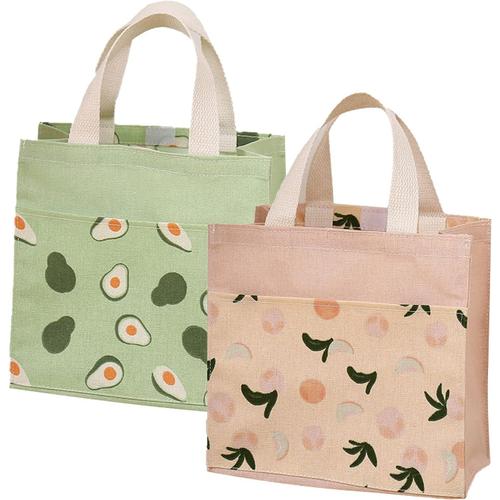 Mini Tote Bag Toile, 2pcs Cabas Tote Bag Sac de Courses Sac Fourre Tout, Toile Solide, Durable, Lavable(Vert+Rose,22 * 22cm)