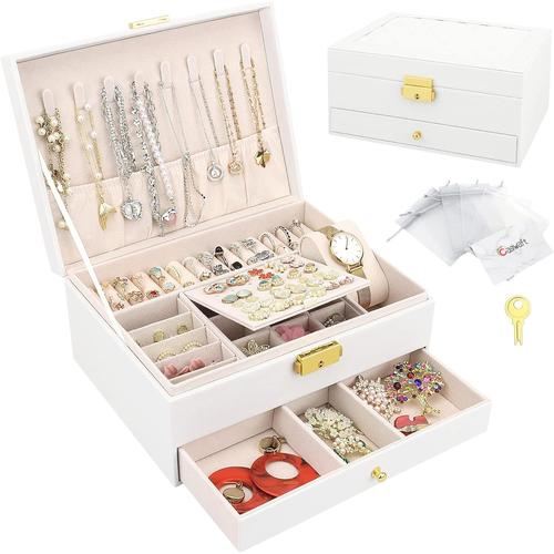 Boîte à bijoux, Organisateur de bijoux avec tiroir, Boîte de rangement de bijoux en cuir à 2 couches avec serrure, Coffret à Bijoux pour collier, d'oreille, bracelet, Blanc