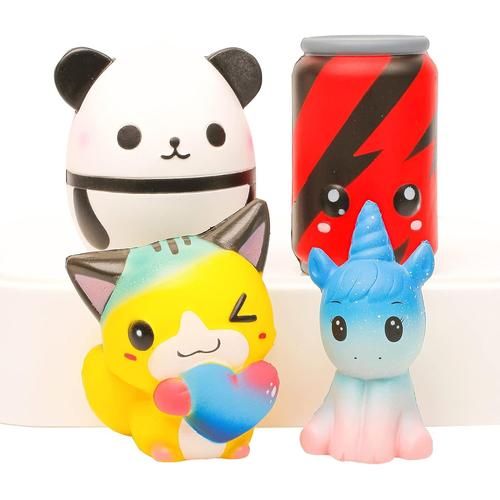 Lot De 4 Jouets Spongieux Kawaii Licorne Cheval, Canette De Cola Squishy, Chat Squishy Panda Egg Squeeze Toy Ensembles De Jouets À Presser Pour Enfants Cadeau De Fête Anti-Stress