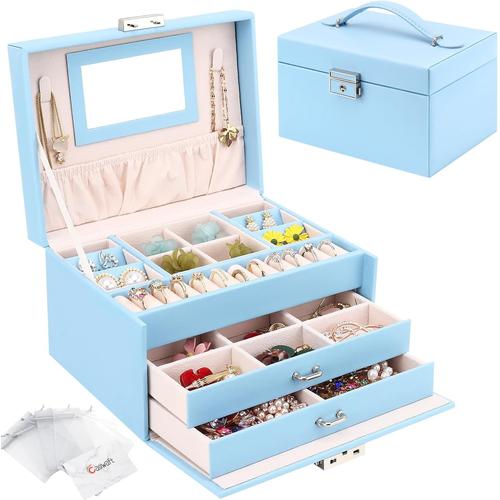 Boîte à Bijoux, Coffret à Bijoux avec Miroir et 2 Tiroirs, Rangement Bijoux Coffret Bijoux Verrouillable de Voyage à 3 Couches, Organisateur de Bijoux pour Colliers, Bagues, Bleu ciel