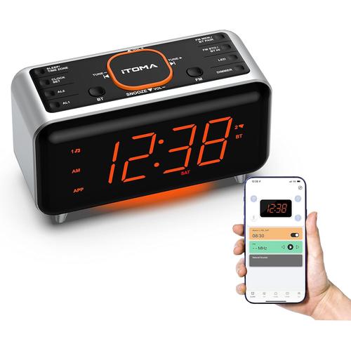 Réveil Radio avec contrôle d'application, Bluetooth, Radio FM, Double réveil en 4 Modes d'alarme, Sieste Facile, Dimmer, lumière de Nuit Orange, 12/24 Heures et Port de Chargeur USB 208