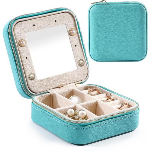 Boîtes à Bijoux de Voyage pour Femmes, Coffret à Bijoux Portable en Cuir PU avec Un Miroir, Présentoir de Bijoux Souple à 3 Couches avec Fermeture Éclair Lisse pour Bijoux, Bleu Ciel