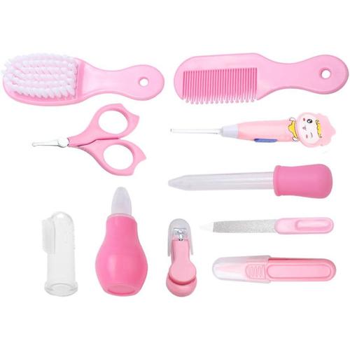 Trousse De Soin Pour Bébé 10pcs Outils De Soins De Santé Pour Bébé Trousse De Soin Ciseaux Coupe-Ongles Brosse Et Peigne Des Cadeaux Pour Enfants(Pink) 