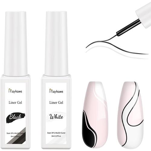 2 Couleurs Vernis semi permanent, Noir et Blanc Gel Liner Nail Art, UV LED Soak Off Vernis à Ongles Gels Semi-permanents, Vernis pour Peinture Dessin des Lignes Nail Design French Manucure