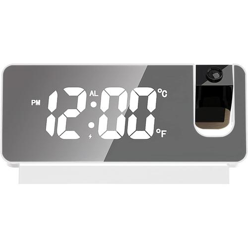 Réveil à projection radio-réveil numérique avec projection avec grand écran LED de 7,3 pouces - Horloge numérique USB LED avec projecteur rotatif à 180 ° - Projecteur portable (blanc)