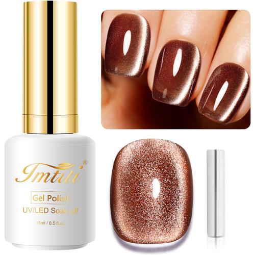 Vernis À Ongles En Gel Couleur Or Brun, 15ml Holographique 9d Cat Eyes Glitter Magnetic Gel Polish Vernis À Ongles En Gel Uv Avec Bâton Magnétique Pour Le Salon D'ongles 