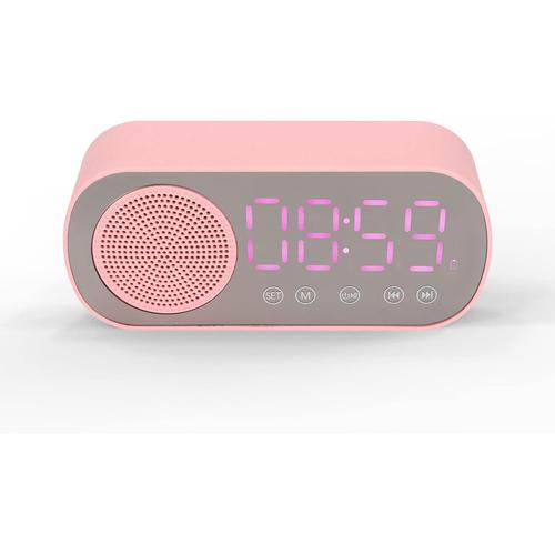 Réveil avec Haut-parleur Bluetooth/lumière Rétroéclairée/écran Miroir, Horloge Numérique Rose avec Radio FM Portative Chargement Micro USB avec Cadeau Sonore HIFI pour les Filles Lisant