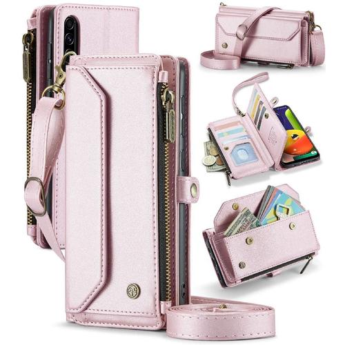 Crossbody Étui Pour Samsung Galaxy A50/A50s/A30s Blocage Rfid Portefeuille Étui Pour Femmes Fente Pour Les Factures À Fermeture Éclair Étui Portefeuille Titulaire De La Carte - Couleur Rose