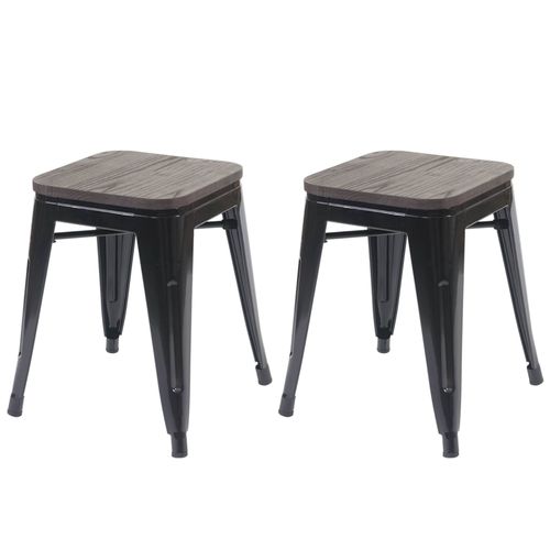 2x Tabouret Hwc-A73 Avec Siège En Bois, Tabouret En Métal, Design Industriel, Empilable   Noir