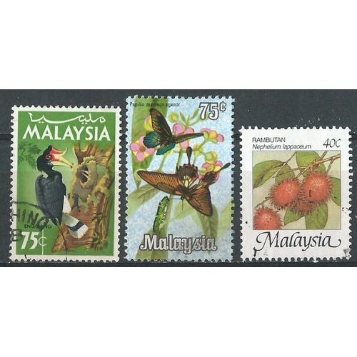 Lot De 3 Timbres Oblitérés Malaisie, Oiseau 1965, Papillon 1970 Et Fruit 1986