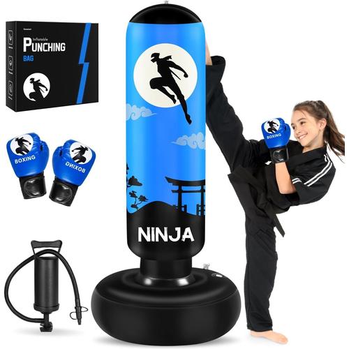 Bleu Punching Ball Avec Gants De Boxe Et Pompe, Sac De Boxe Enfant 168 Cm - Idéal Pour Karaté, Taekwondo, Cadeau Parfait Pour Garçons & Filles De 5 À 12 Ans