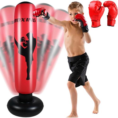 Rouge Sac De Frappe Enfant, Sac De Boxe Enfant, Sac De Frappe Sur Pied 160cm, Sac De Sport Boxe Autoportant, Sac De Frappe Gonflable Avec Gants De Boxe