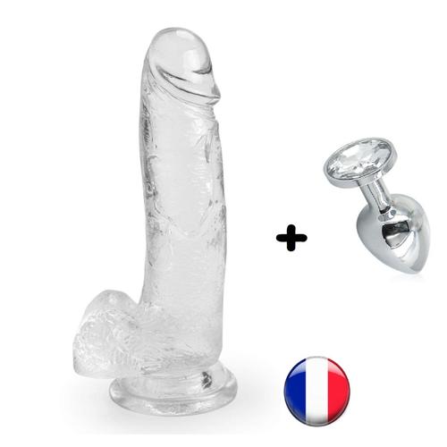 Gros Gode Ventouse Réaliste Jelly Souple Crystal 20.5cm - Transparent + 1 Rosebud Plug Anal Taille S