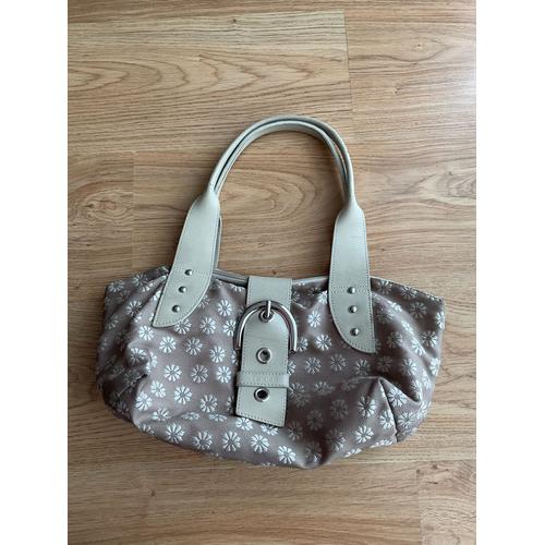 Sac à bandoulière cuir beige et tissus motif fleurs 38x20cm marque Texier