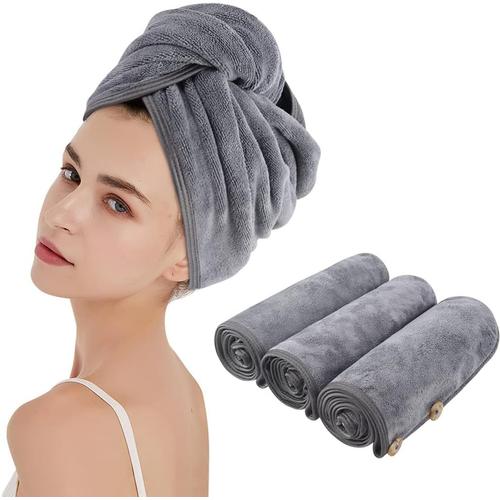 Serviette Cheveux Microfibre,Super Absorbent Enrouler Turban Soin Cheveux Serviette Bain S¿¿chage Rapide avec Deux Bouton de Design 25cm x 65cm 3Pack Gris