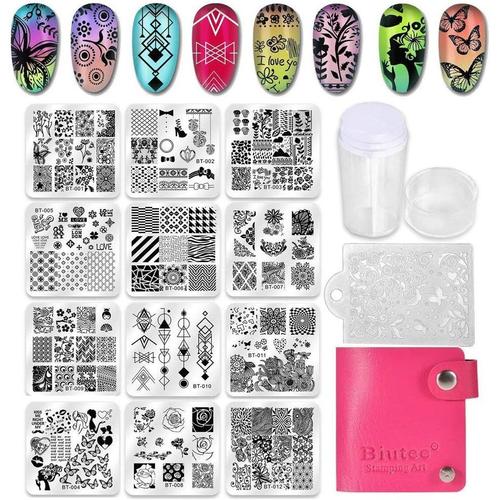 12 pcs Nail Art Stamp 1 Tampon 1 Scraper 1 Sac de Rangemnet Collection Verni ¿¿ Ongles Tampon Assiettes Ongles Art Stamping Grattoir Stamper Lot de Feuilles/Fleurs/Animal/LOVE