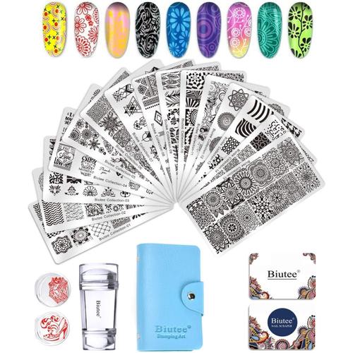 Lot De 19 Nail Art Plaques Stamping Vernis ¿¿ Ongles Stamping Plaques + 1 Tampon + 1 Raclette Plaques D' Estampage ¿¿ Motif G¿¿Om¿¿Trique Fleurs Ray¿¿