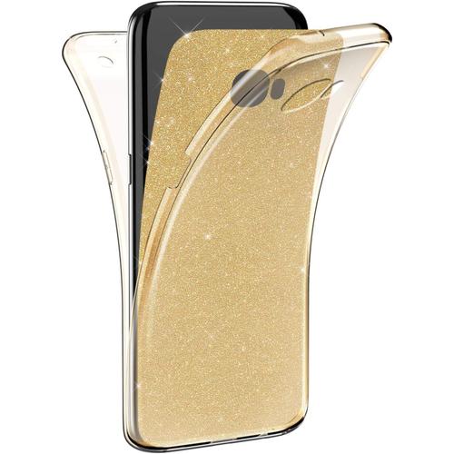 Compatible Avec Samsung Galaxy J6 Plus Coque 360 Degr¿¿S Transparent Cristal Clear Doux Silicone Tpu Etui Avant Et Arri¿¿Re Full Cover Brillant Glitter Paillettes 3 In 1 Antichoc Bumper,Or