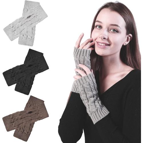 Mitaine Femme Hiver 3 Paires Gants Sans Doigts Chaud Longs Manchettes Femme Chaud Hiver Gants Chauffants Femme Tricoté pour Homme et Femme Cadeaux d'hiver¿Gris Clair Noir Kaki¿