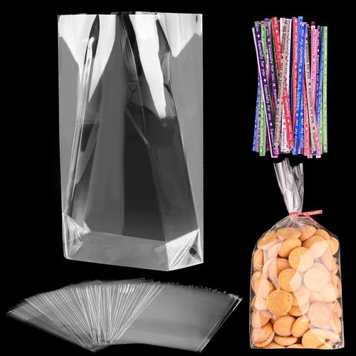 50 Pièces Sachet Bonbon Transparents 15 x 25 cm Sachets Transparents pour Biscuits avec 50 Cravates Torsadées Colorées Sachet Plastique Plat pour Cadeaux Bonbon Biscuit Gateau Savon Jouets