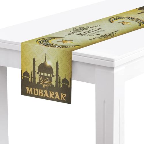 Chemin de Table Eid Mubarak 180 x 35 cm Musulman Islam Nappe Étoile Lune Mosquée Couverture de Table Décorative Eid Ramadan Mubarak Chemin de Table Eid Décorations de Table pour Maison Salle à Manger