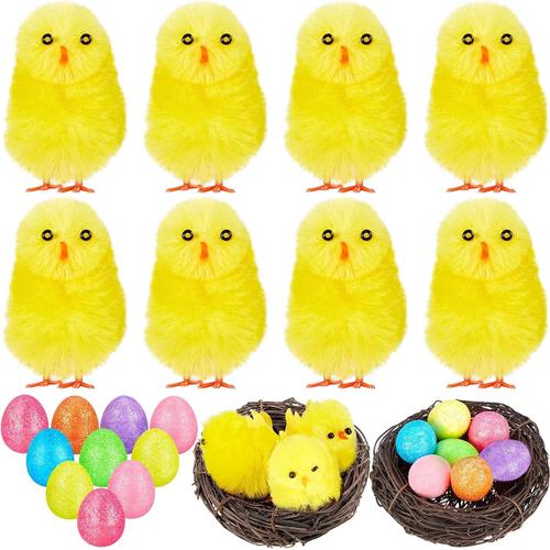 20 Pièces Mini Poussins Duveteux Colorés de Pâques Mini ?ufs Scintillants et Mini Nids d'oiseaux Décorations de Pâques Embellissements Pâques Arts et Artisanat pour Gâteaux