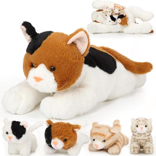 Set De 5 Animaux En Peluche De Chat Inclure Grand Chat En Peluche Doux Avec 4 Chatons En Peluche Moelleux Mignons Dans Le Ventre De Maman Chat Cadeaux D'anniversaire (Orange, Noir, Blanc)