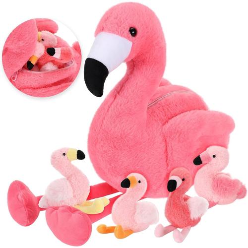 18 Pouces Animal De Flamant Rose En Peluche Avec 4 Jouets De Bébé Flamant Rose En Peluche À Intérieur Jouet De Maman Flamant Rose Avec Ventre Zippé Pour Cadeau D'anniversaire Noël