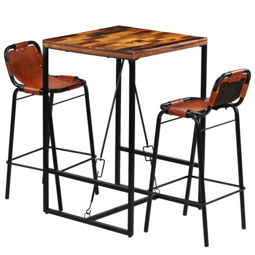 Vidaxl Ensemble De Bar 3 Pcs Bois Massif Recyclé Et Cuir De Chèvre