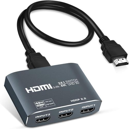 Switch HDMI 4K Aluminum, 4K@60HZ Switch HDMI 3 Ports Commutateur, 3 Entr¿¿es ¿¿ 1 Sortie HDMI Switcher prend en charge HDCP 2.2, Full HD, HDR10, 18 Gbps, S¿¿lecteur HDMI 4K pour Fire Stick, Xbox, PS5 etc