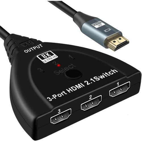 Commutateur HDMI 2.1, commutateur HDMI 8K 3 en 1, prise en charge 8K@60Hz, 4K@120Hz, 4k@60Hz, haute vitesse 48Gbps, Ultra HD, HDR10, HDMI Switch compatible avec Xbox, PS5, projecteurs, moniteurs, etc